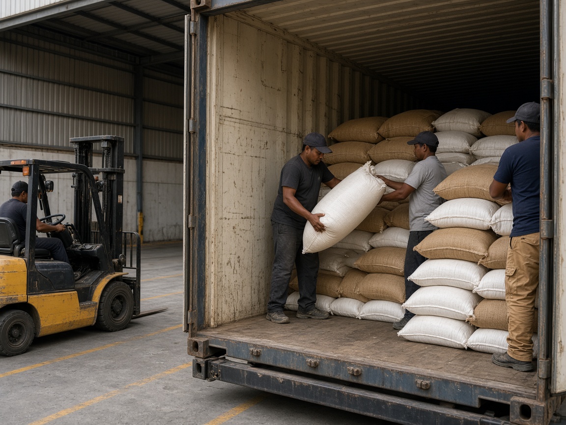 Loading rice sacks into a shipping container