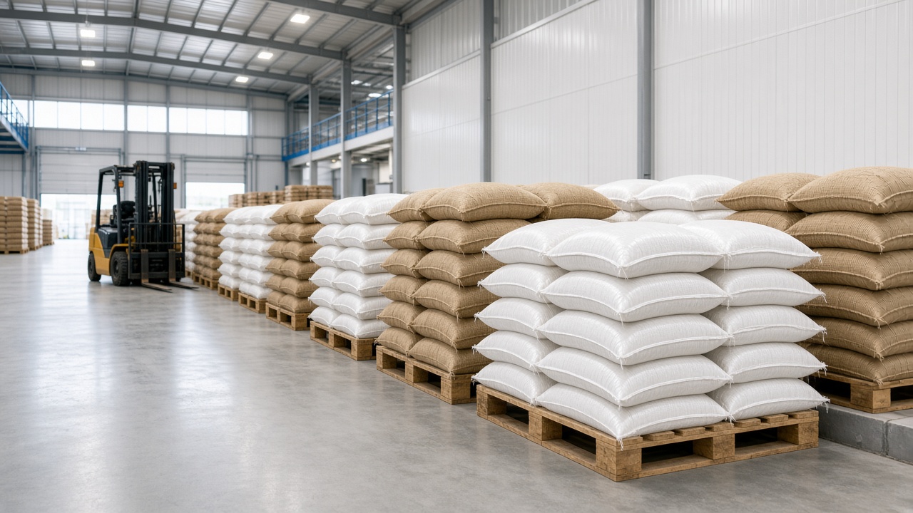 Warehouse with sacks of rice and grains